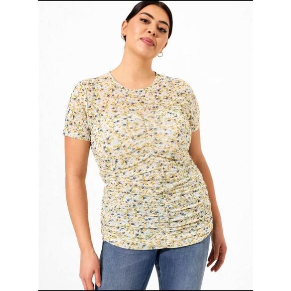 Torrid Women's NWT Ruched Floral Sheer Top Size 2 Feminine Short Sleeve Stretchy - Picture 1 of 15